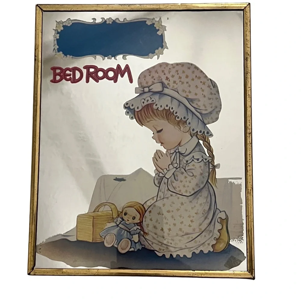 Vintage Precious Moments Girl Praying Bedroom Mirror Art Decor Framed Gold Tone